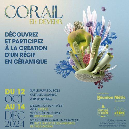 CORAIL EN DEVENIR INÉDIT ! L'association Réunion Métis propose de venir découvrir le récif de demain ! Un récif pas comme les autres, composé de coraux en céramique créés lors d’ateliers et qui prennent vie avec de la projection vidéo. Entrez dans le conteneur, un espace intime et poétique, où vous pourrez admirer un récif qui prend vie avec vous !