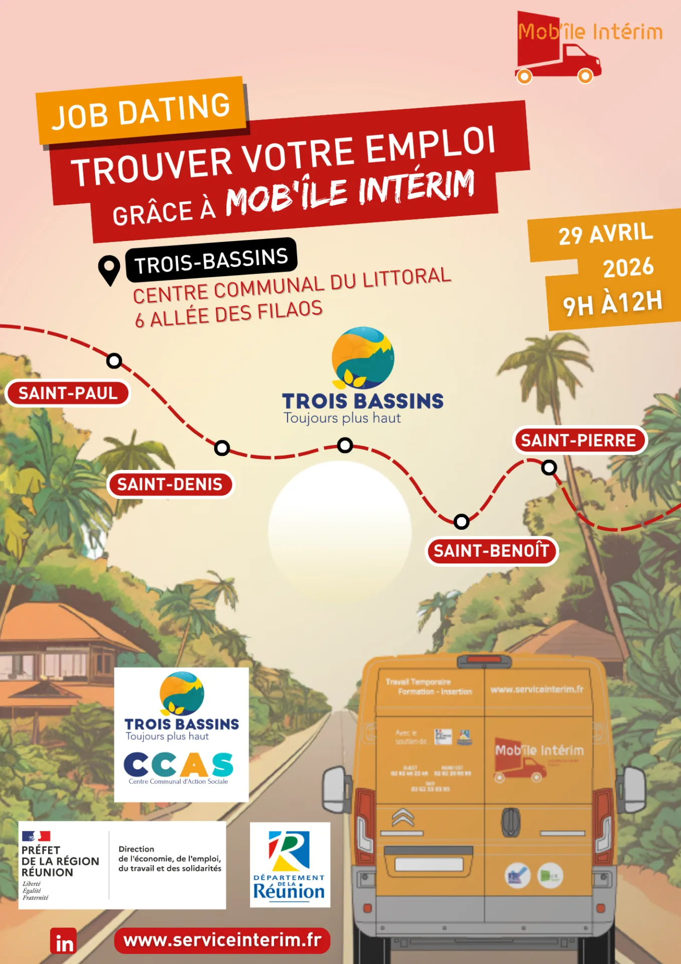 Affiche A4 Job Dating Mob'île le 29 avril Trois-Bassins Intérim 2026